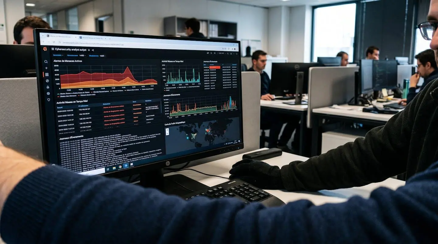 Tableau de bord de cybersécurité affichant des alertes en temps réel et graphiques d