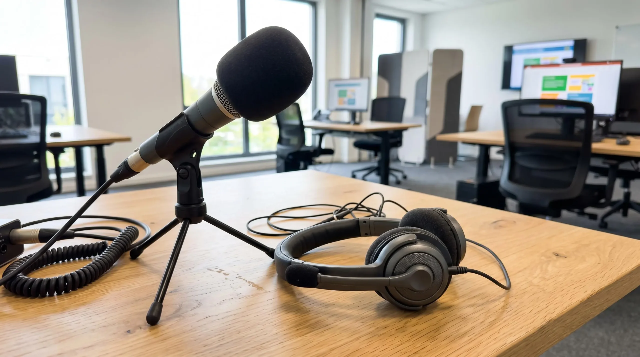 Équipement de formation professionnelle de qualité (micro et casque) posé sur un bureau moderne dans une salle lumineuse