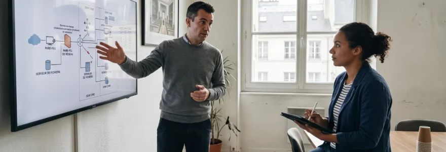 Deux professionnels dans une salle de formation moderne échangent sur des concepts de cybersécurité affichés à l